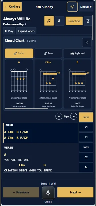 Screenshot: Chord charts for every instrument on the worship team