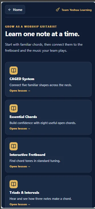 Screenshot: Team Yeshua Learning: grow as a worship guitarist, one note at a time