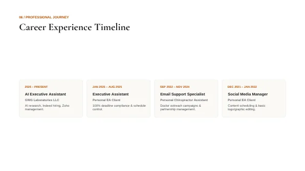 Angel Gomez portfolio slide: Career experience timeline