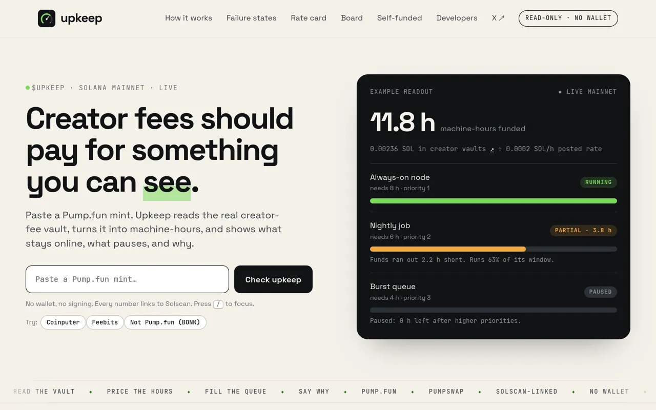 Screenshot: Upkeep, creator fees turned into machine hours