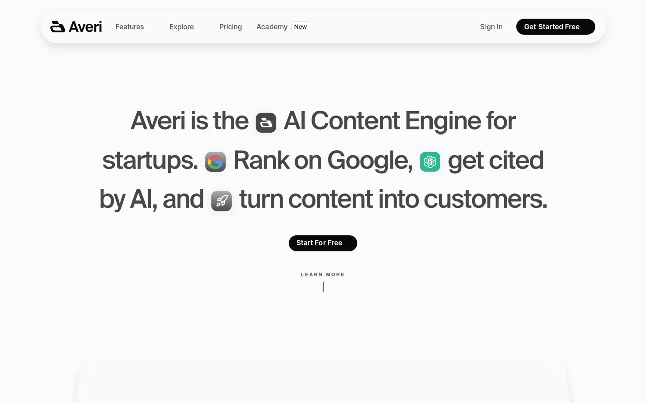 Screenshot: the Averi AI homepage
