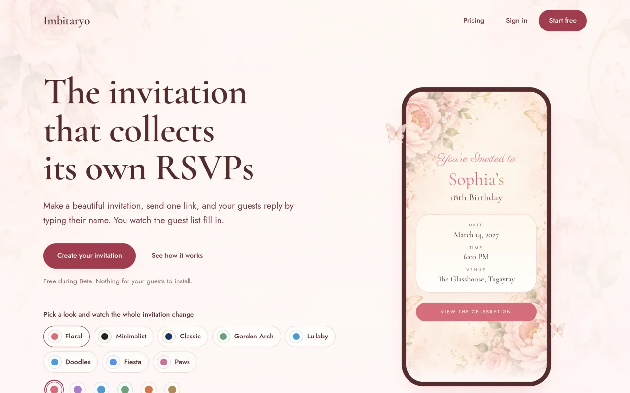 Screenshot: Imbitaryo, invitations that collect their own RSVPs